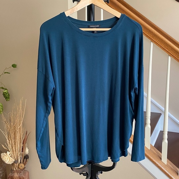 Eileen Fisher Fine Jersey Oversized Round Neck Top Alpine Green Size Large - Picture 1 of 11